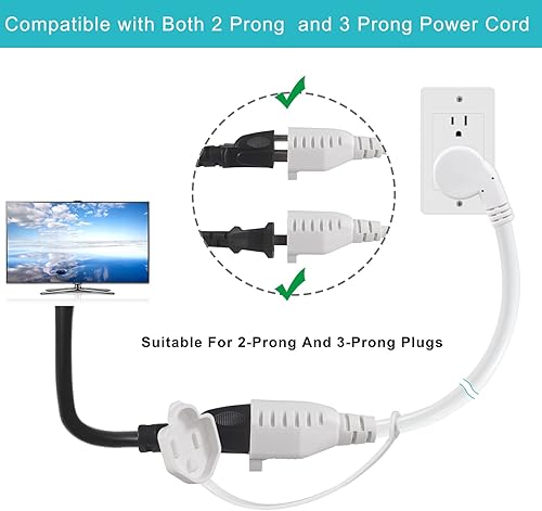 Miniatura 6 de Paquete de 2 cables de extensión de enchufe plano blanco de 3 pies para exteriores, resistente a la intemperie, enchufe plano de perfil bajo, cable