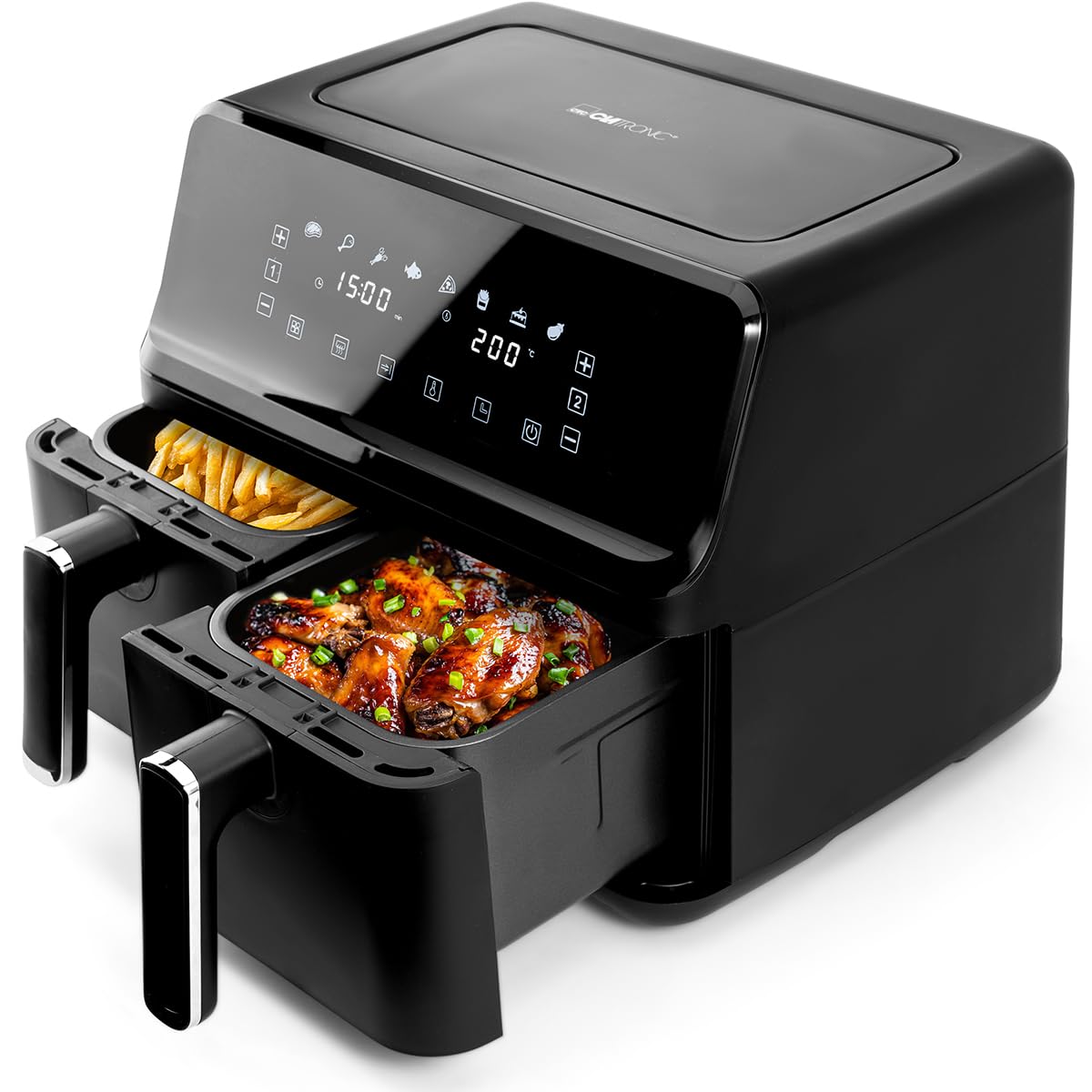 Clatronic® Doppel-Heißluftfritteuse | 8 Liter | XXL Heißluftfritteuse | Doppelkammer | Frittieren mit heißer Luft ohne zusätzliches Öl | 8 Programme | Air Fryer |Touchscreen | 2700 Watt | FR 3804 H