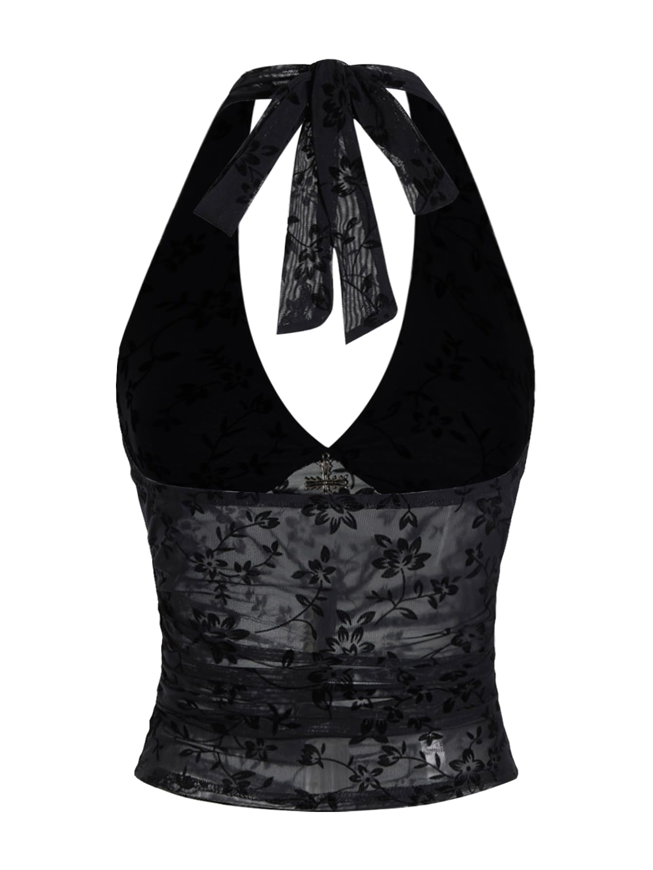 Verdusa Women's Y2k Gothic Goth Halter Top Mesh Sheer Backless Going Out Tops Emo Grunge Clothes Rave Outfits