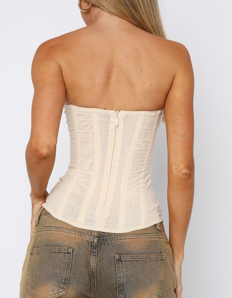 Luckinbaby Women Y2k Strapless Bustier Corset Back Zip Mesh Boned Bodyshaper Tube Top Sexy Going Out Bustier Tops - Image 2