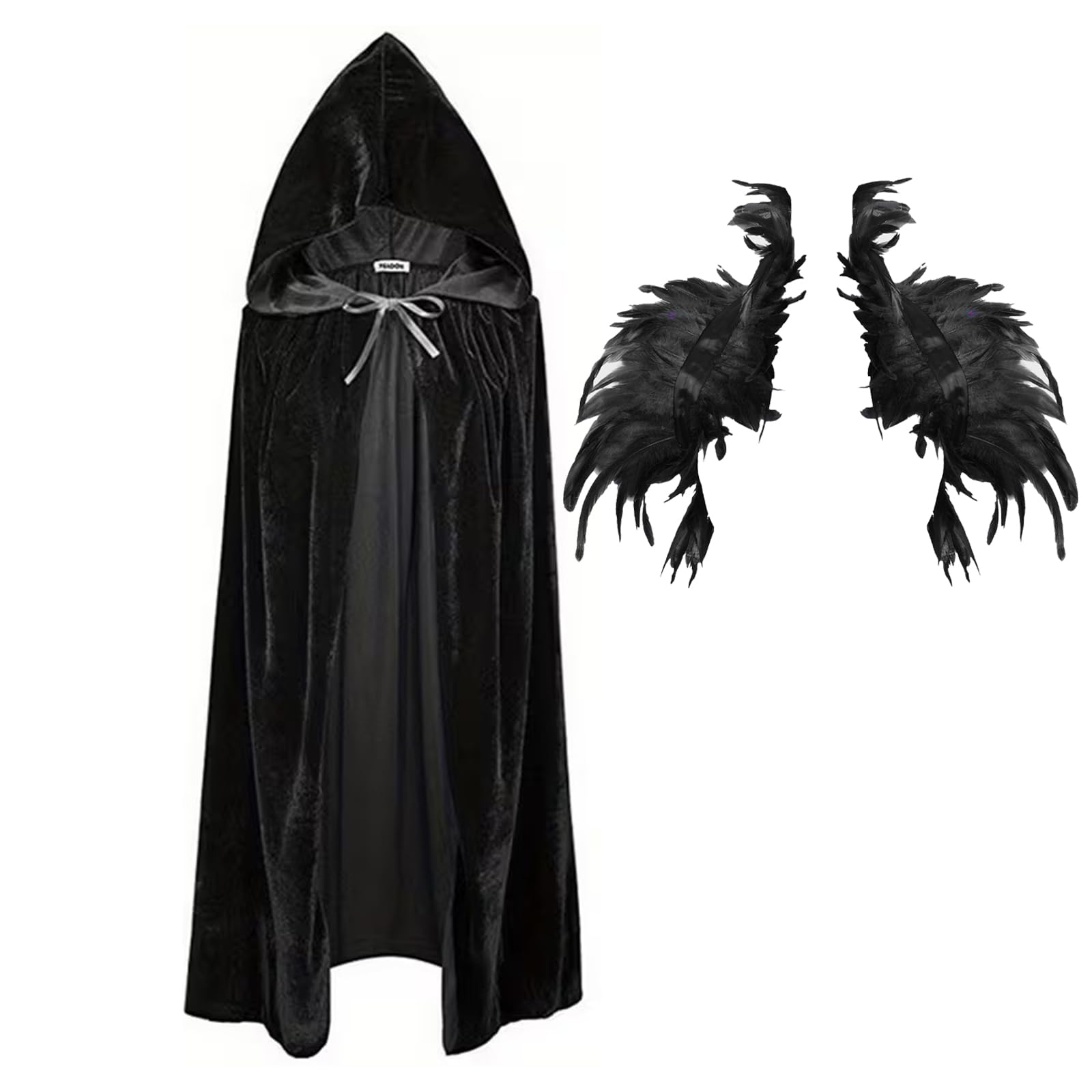 GYTFOG Black Hooded Cloak with Feather Shawl, Halloween Christmas Costume