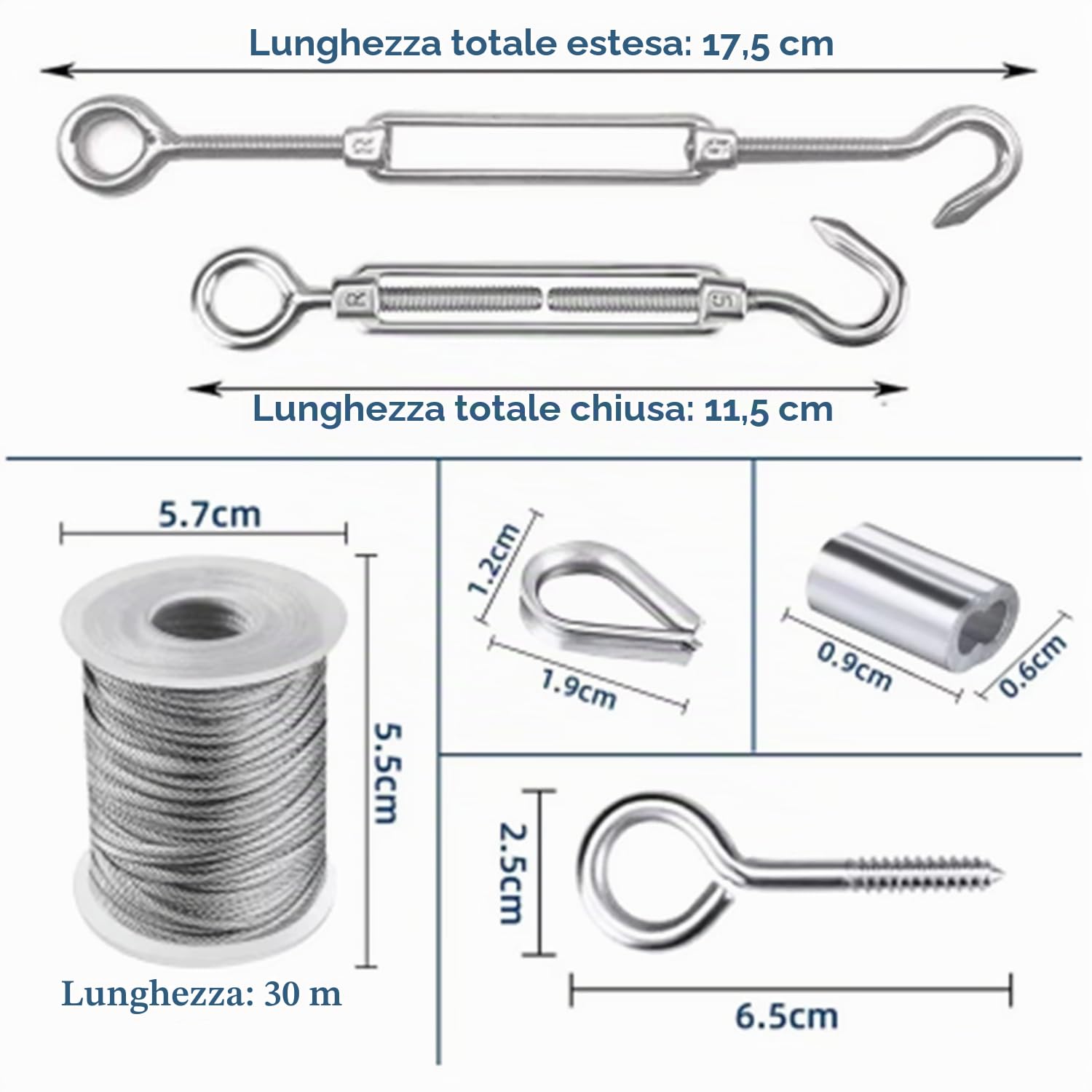 Kit Di Fune Metalliche In Acciaio Inox Da 5 mm,Cavo Acciaio 5mm,Corda In Acciaio Zincato Con Guaina In Pvc Da 30m Fune In Acciaio,Per Sollevamento, Filo Stendibiancheria, Tende Da Esterno