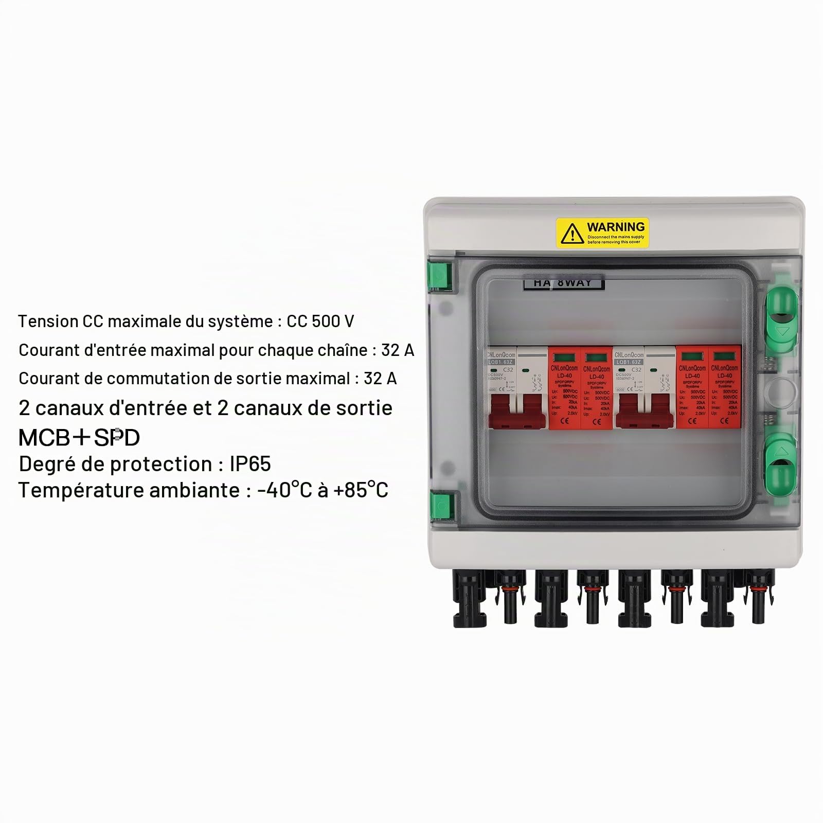 Protection contre les surtensions pv - 500 V MCB + SPD - Boîte de raccordement solaire - Protection contre la foudre - Interrupteur de séparation DC - 2 cordes 2 en 2 sorties - Boîte de combinaison CC
