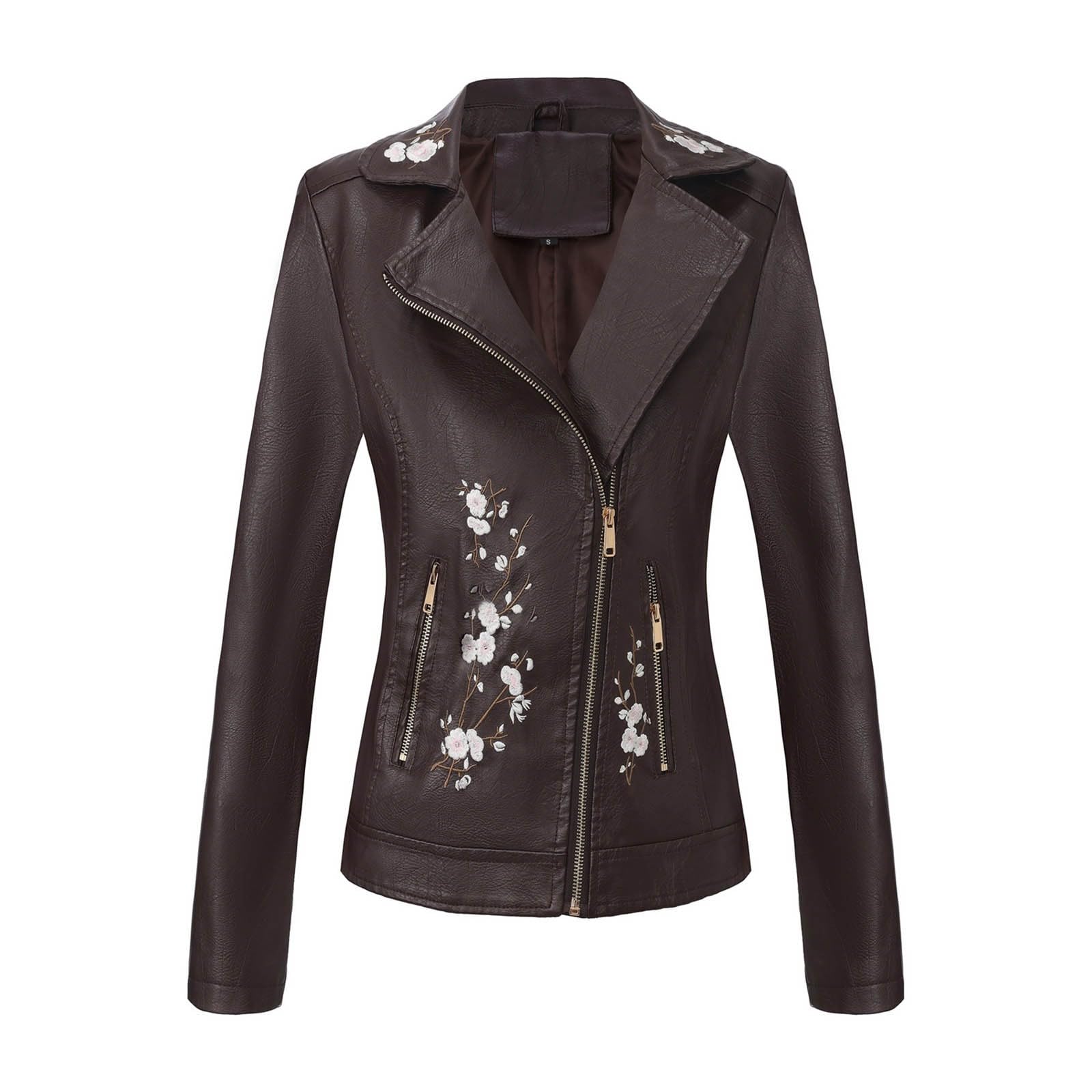 Giacca da donna in pelle ricamata asimmetrica | Capispalla decorativo in finta pelle con zip frontale design per moto stile streetwear viaggi e abbigliamento casual