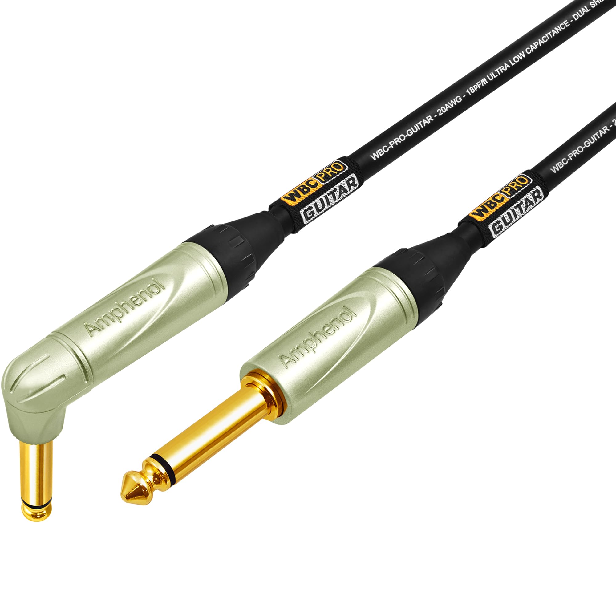 WBC-PRO-GUITAR, 3 metros, 20 AWG, tapa baja (18 pF/pie), grado profesional, a base de grafito, cable de guitarra de doble blindaje, bajo, instrumento con conectores TS dorados Amphenol QM2R-AU y