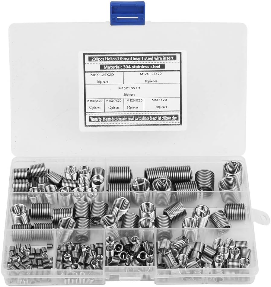 200pcs 304 Stainless Steel Thread Insert M3-M12 Inner Thread Insert Assorted Set for Metal Plastic