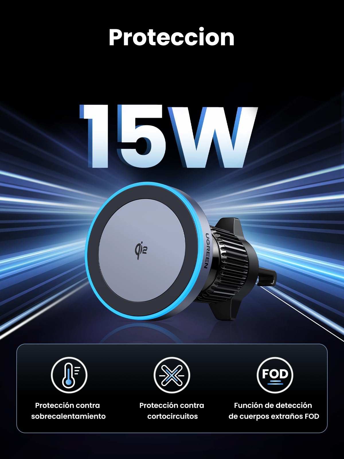 UGREEN MagFlow Cargador Inalámbrico iPhone Coche Certificación Qi2 Real 15W Carga Rápida Soporte Móvil Coche Magnético Compatible con MagSafe iPhone 17 16 15 14 13 12 Pro MAX Air Plus