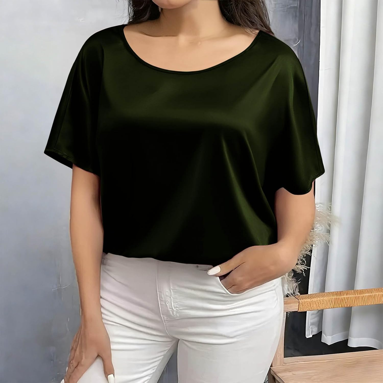Women Plus Size Satin Tops Short Sleeve Round Neck Dressy Blouse Spring Summer Loose Shirts Business Casual Outfits