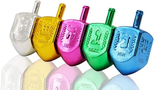 Miniatura 8 de The Dreidel Company Dreidels metálicos multicolor para Hanukkah con traducción al inglés, tapas giratorias incluye tarjeta de instrucciones de juego