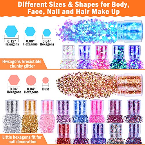 20 Colors Holographic Cosmetic Chunky Glitter, Flasoo 20 Boxes Face Body Eye Hair Nail Festival Chunky Holographic Glitter with 1 Glitter Glue for Musical Carnival Dance Party Beauty Makeup and Deco