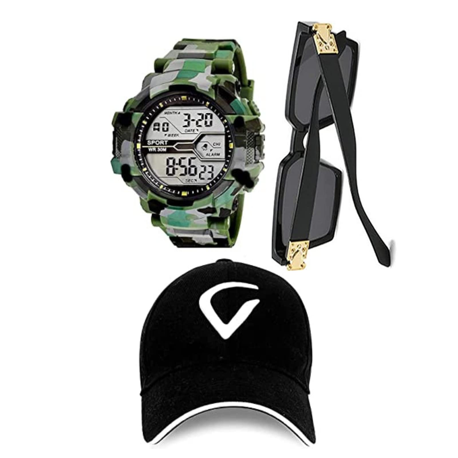 SBA PRIME Combo of Black Men's Cap, Sunglasses & Watch | Black Cap, Army Design Watch, Black Sunglasses, Pack of 3