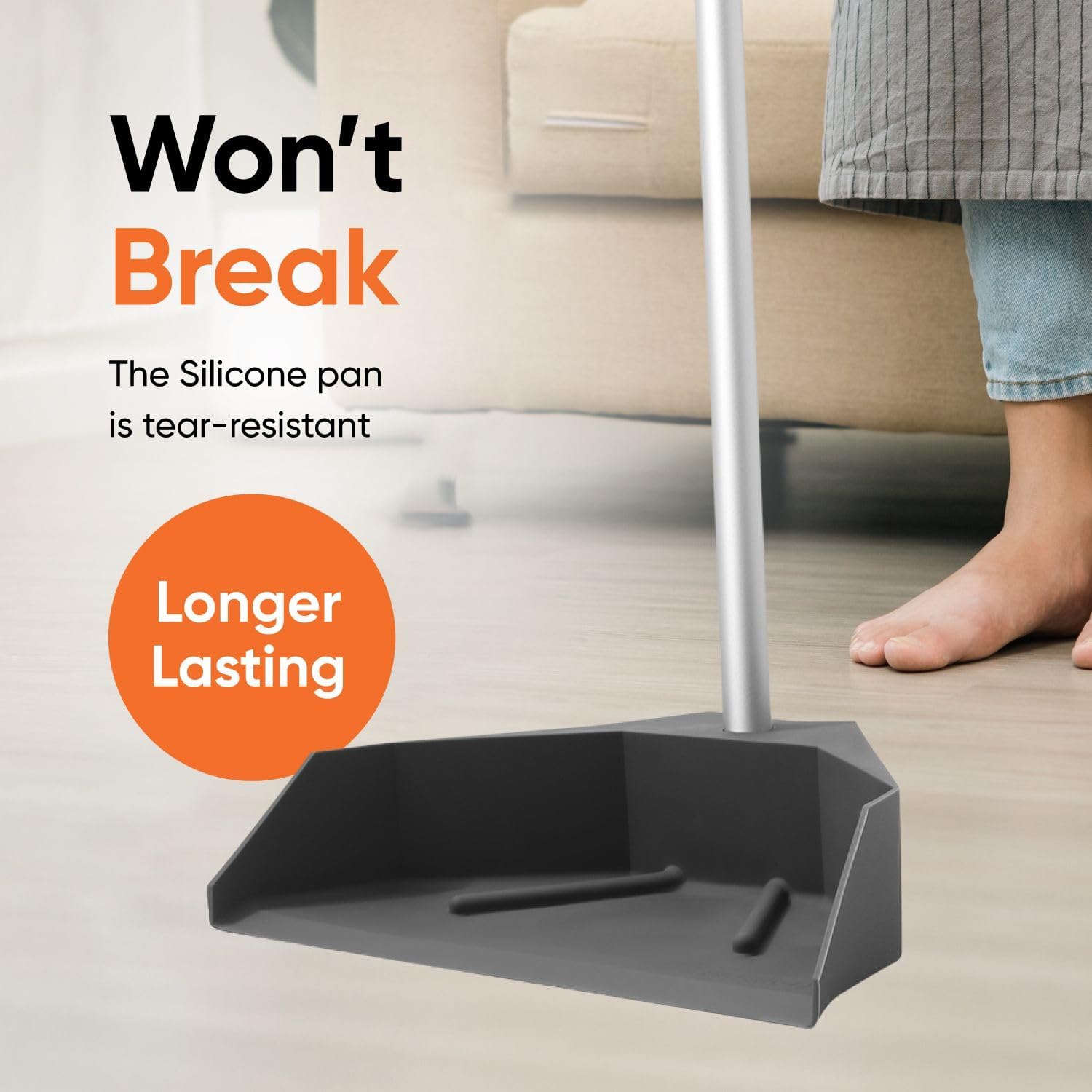 Silicone Dust Pan with Handle Lobby Dustpan with Long Handle Stand Up Dustpan, 35" Aluminum Long Handle, by Superio