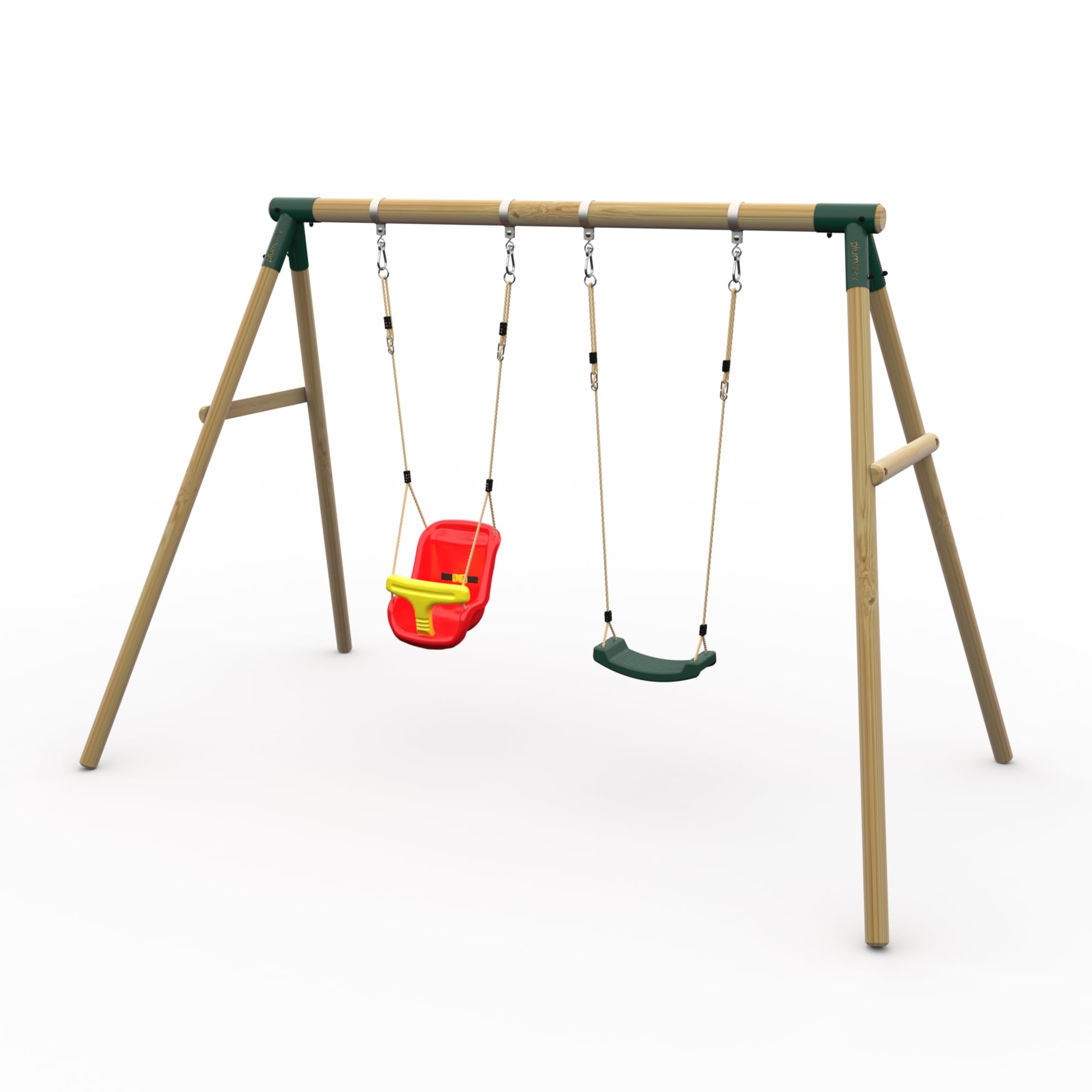 Plum Play Kids Outdoor Wooden Round Pole Garden Swing Set with Ground Anchors - Safe Sturdy A Frame - Suitable for up to 50kg per accessory - Up to 5 year Warranty (Double Green with Baby Seat)