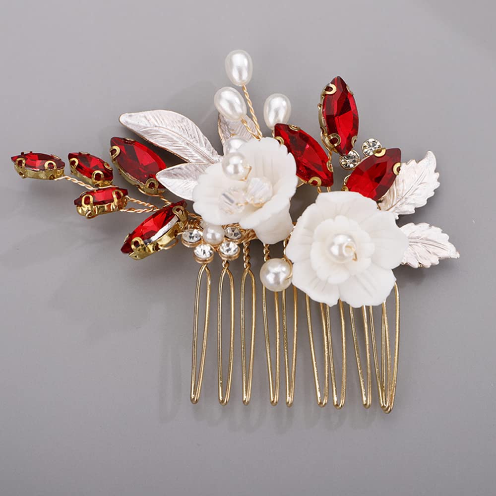 White Rose Flower Crystal Hair Comb for Women Cute Headpiece with Pearl Wedding Bridal Hair Jewelry Prom Banquet Dancing Ball (red)