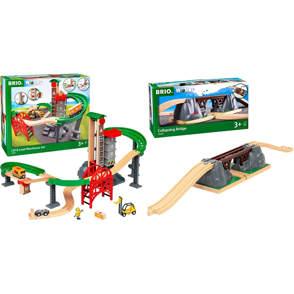 BRIO World 33887 Großes Lagerhaus-Set mit Aufzug - Zubehör für die BRIO Holzeisenbahn - Konstruktionsspielzeug empfohlen für Kinder ab 3 Jahren & World 33391 Einsturzbrücke