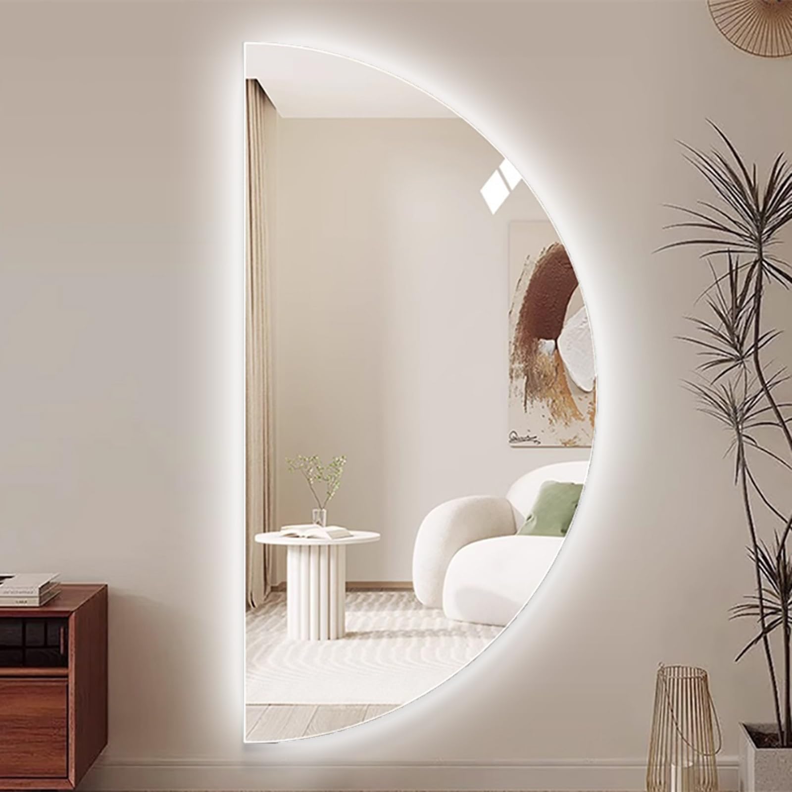 SXFSDOU LED Dimmable Backlit Vanity Mirror with 3 Colors Light, Anti-Fog Modern Frameless Half Moon Smart Bathroom for Bedroom Living Room Entryway(Left Cut,80cm/32inch)