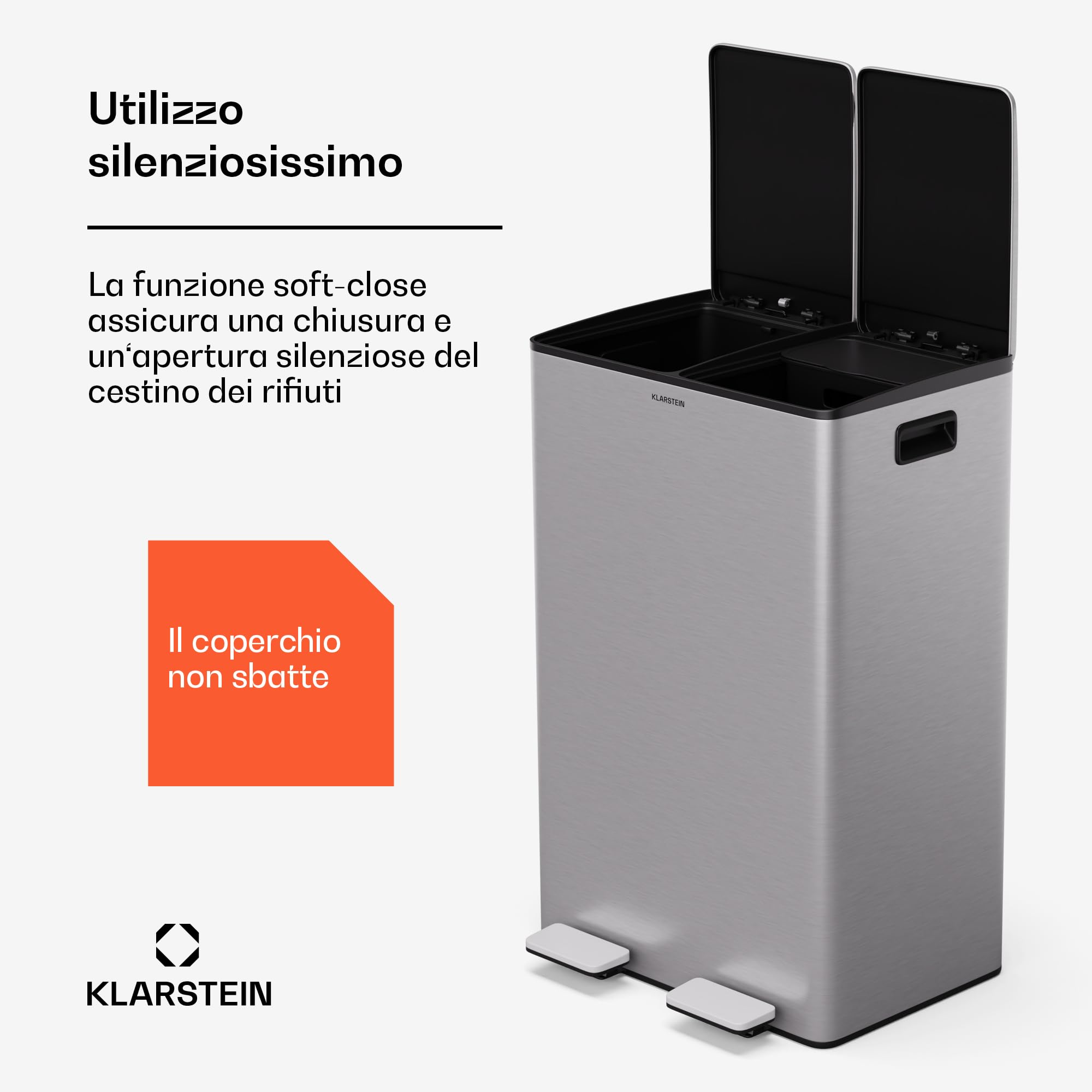 Klarstein - Moderno contenitore per rifiuti da cucina da 60 L (2x30 L) con comodo contenitore per compost estraibile da 3L, tecnologia soft-close-elegante contenitore per pannolini e rifiuti da cucina