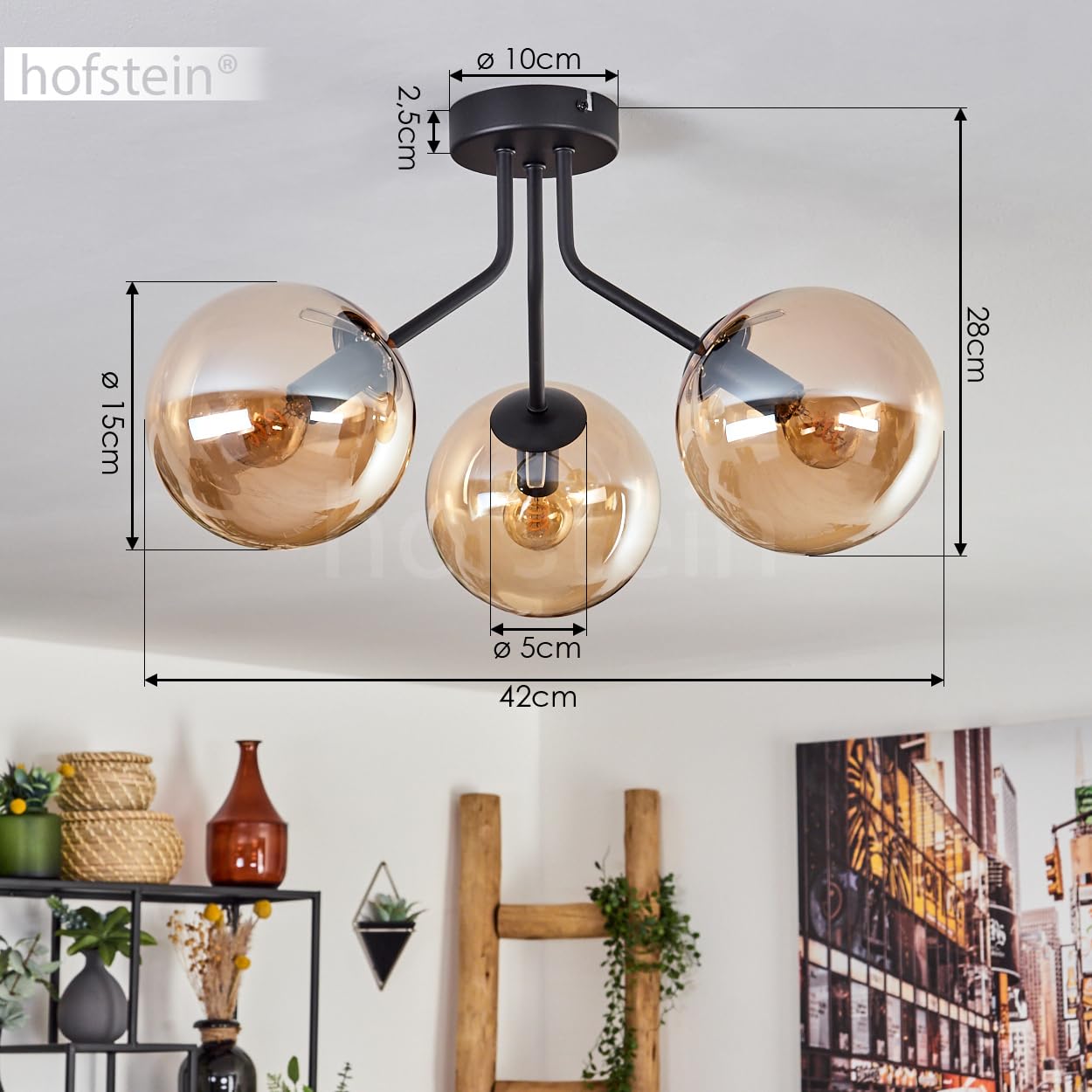 Plafoniera Koyoto, lampada da soffitto in metallo/vetro in nero/ambra, illuminazione moderna in stile retrò/vintage con paralumi in vetro, Ø 15 cm, 3 x E14, per camera da letto, soggiorno, cucina