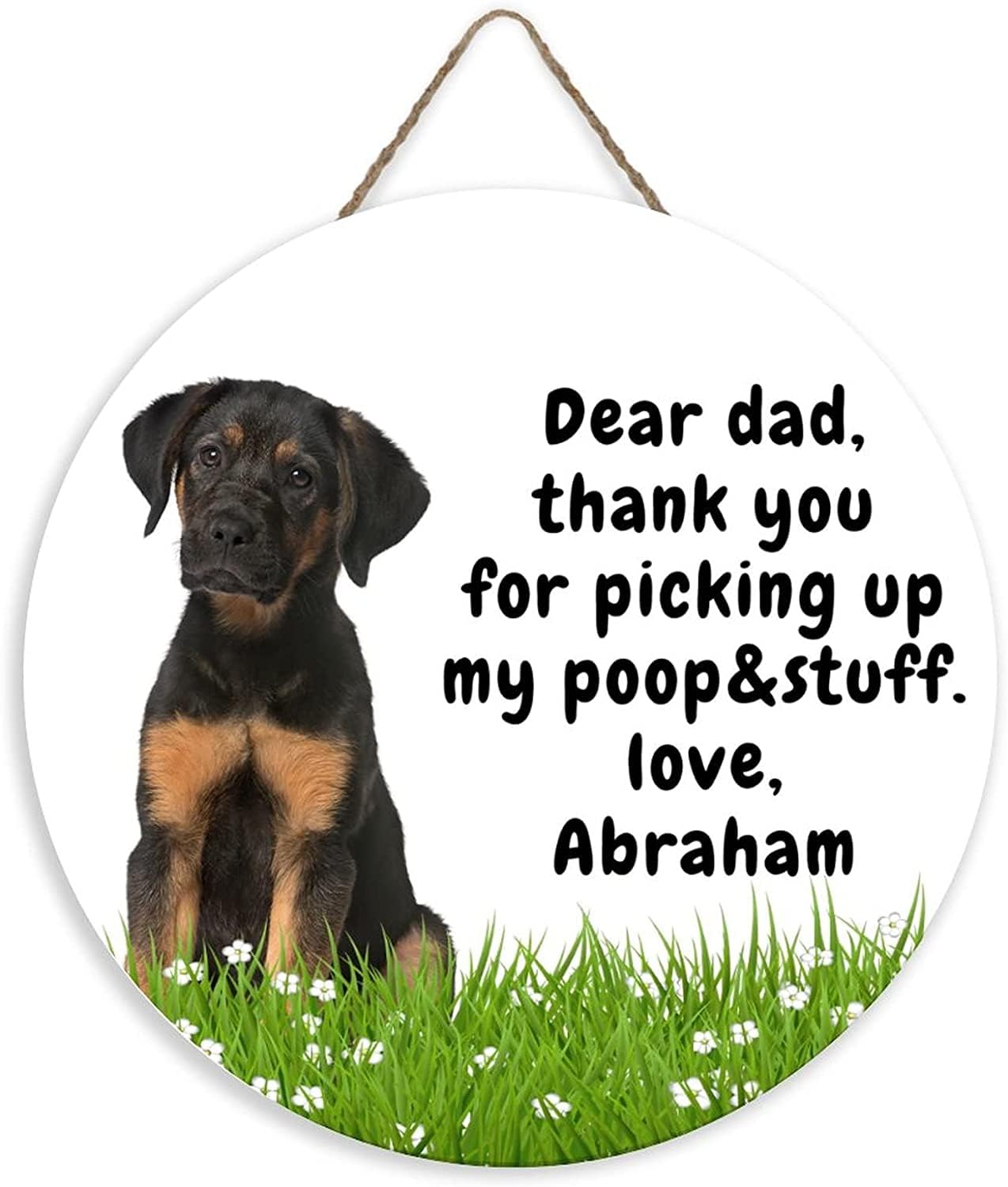 ACDOET Dear Dad Thank You for Picking Up My Poop and Stuff Door Hanger Funny Deerdog Round Wooden Plaque Sign for Front Door Porch Decor Wall Decor for Home Living Room Bedroom Dog Mom Gift 12"x12"