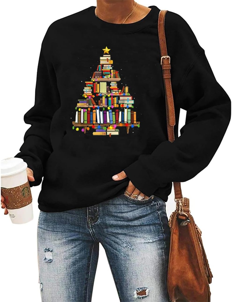 HAJIEXY Women Christmas Books Tree Sweatshirt Cute Books Graphic Long Sleeve Holiday Shirts Casual O-Neck Xmas Teachers Tops