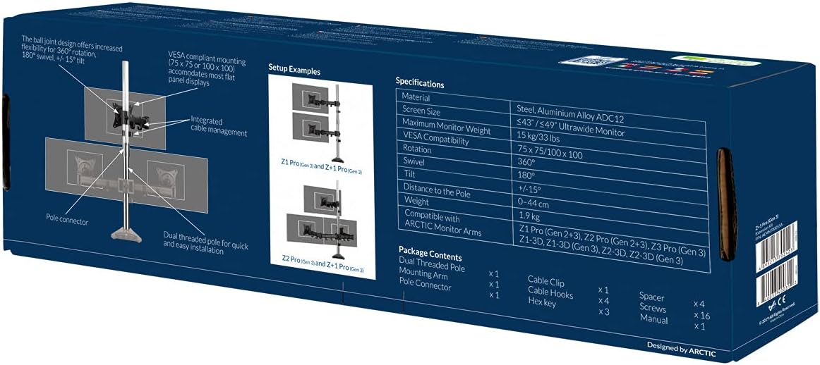 ARCTIC Z+1 Pro (Gen 3) - Extension Arm for an Additional Computer Monitor up to 34"/38" Ultrawide, 15 kg, VESA Standard 75x75 and 100x100, Integrated Cable Management - Black, Extensions