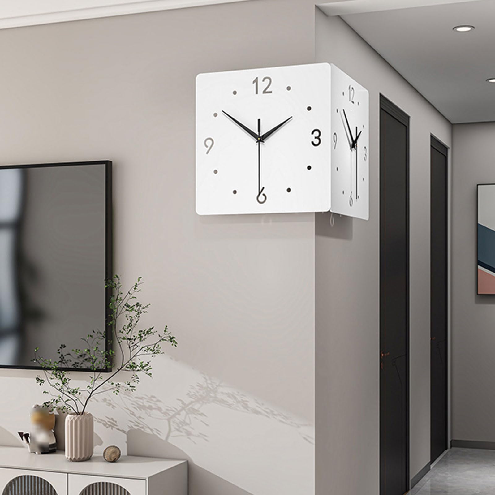 Horloge murale moderne double face en métal noir pour salon et cuisine