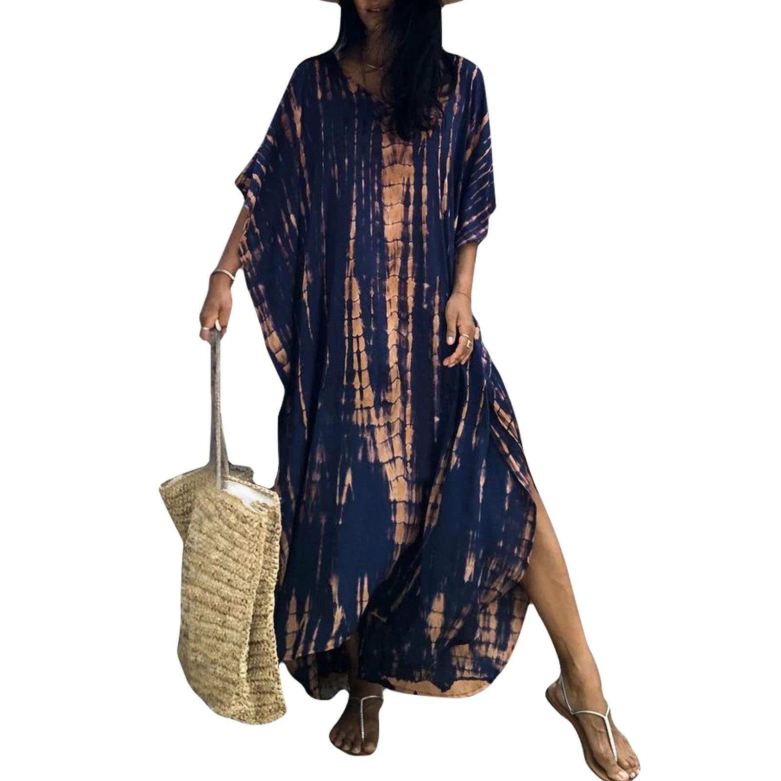 Baynetin Women Kaftan Dress,Free Size Loose Long Caftans Short Sleeve Tunic Kimono Everyday Swimwear Beach Bathing Suit Cover Ups Loungewear Robes (Tibetan Blue, One Size)