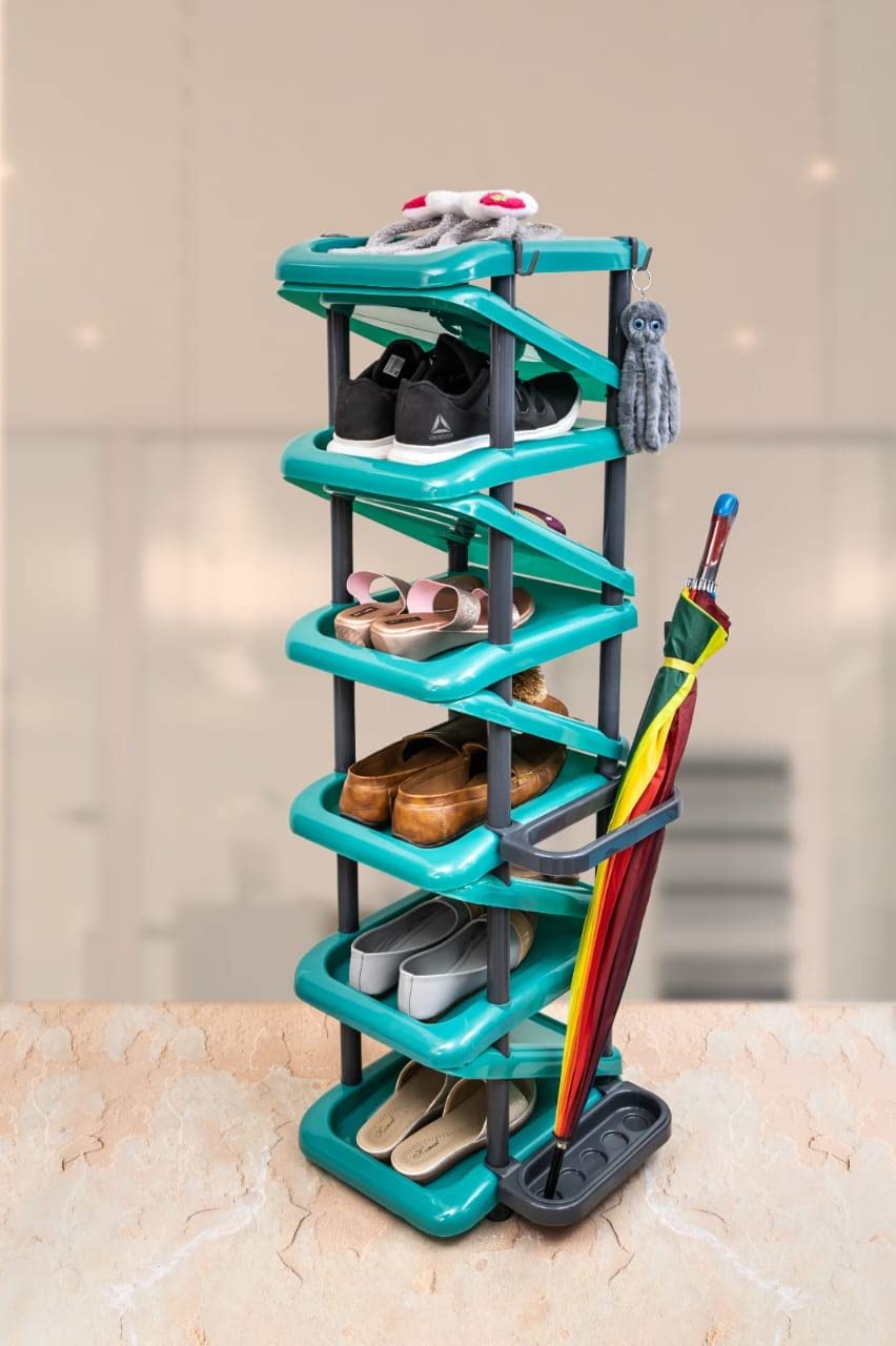 LOVITA Space Saving Shoe Stand with attached 2 Hooks and Multi Purpose Stand (11 Tier Aqua Green)