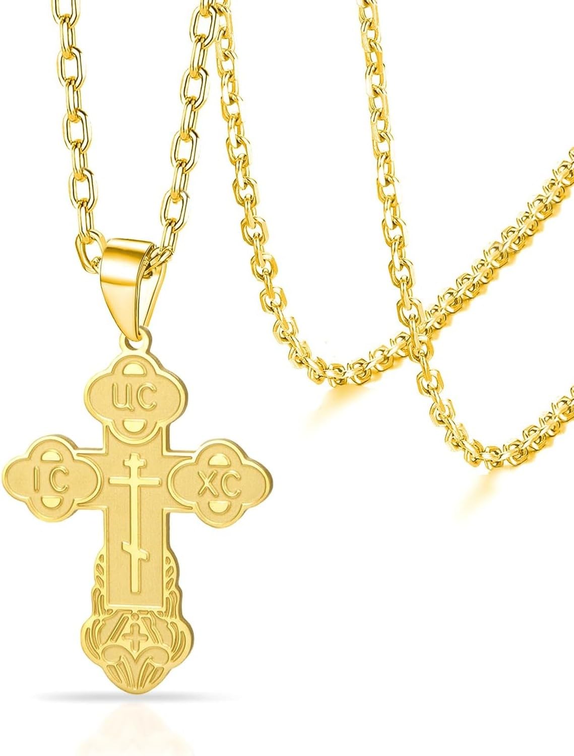 Wuufake Men Women Orthodox Christian Crucifix Cross Necklace Stainless Steel Russian Byzantine Cross Pendant Jesus Christ Elegant Religious Jewelry Gift for Him Her, Gold 4