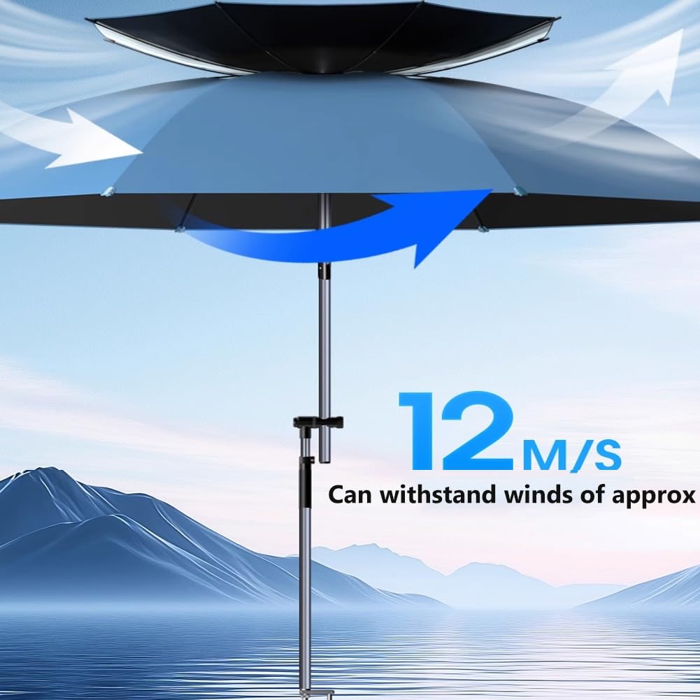 220/240 cm Parasol Wędkarski Przenośny, Wiatroodporny Parasol Podróżny z Aluminiowym Drążkiem, UV50+ Wodoodporny z Torbą Transportową i Kotwicą