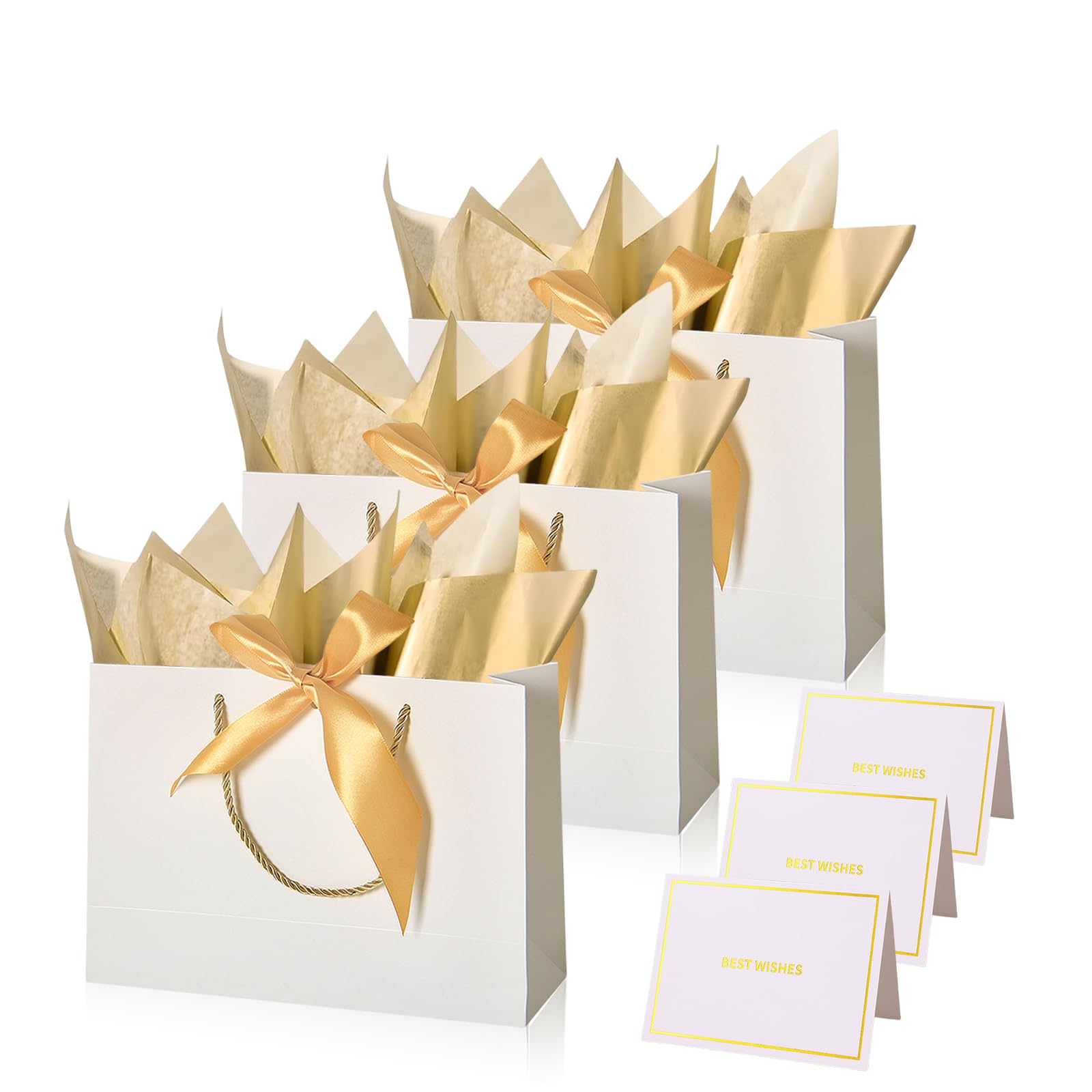 White Gift Bags for Presents,3P Medium Present Bags with 6 Metallic Gold Tissue/3 Card,Personalised Birthday Gift Paper Bag with Ribbon,28*20*10 Wrapping Bag for Christmas White Wedding Gift Party Bag — image 1