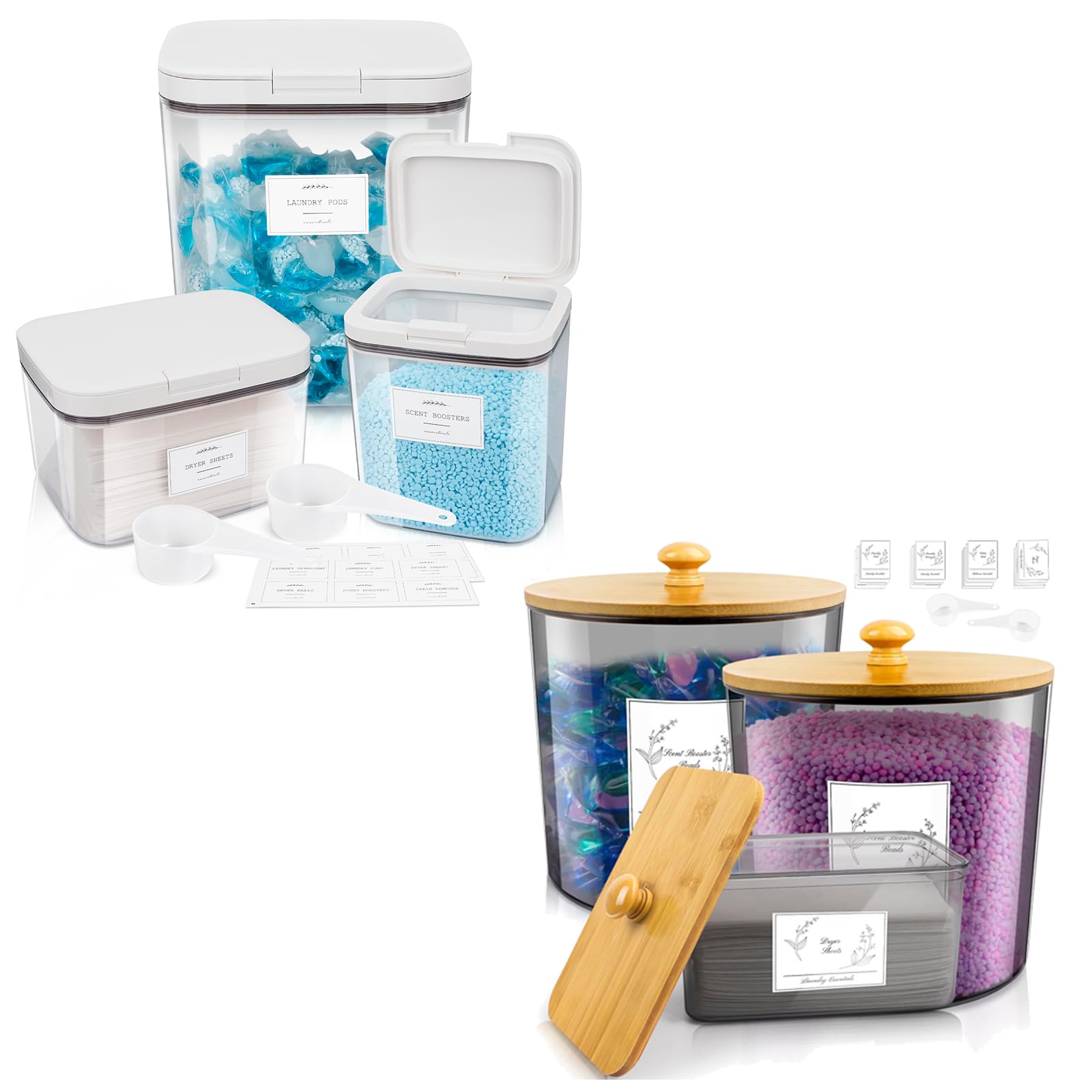 Zingbee 6 Pack Plastic Laundry Powder Container & Dryer Sheet Holder with Lids, Labels & Scoops for Pods,Beads, Soap, Scent Booster