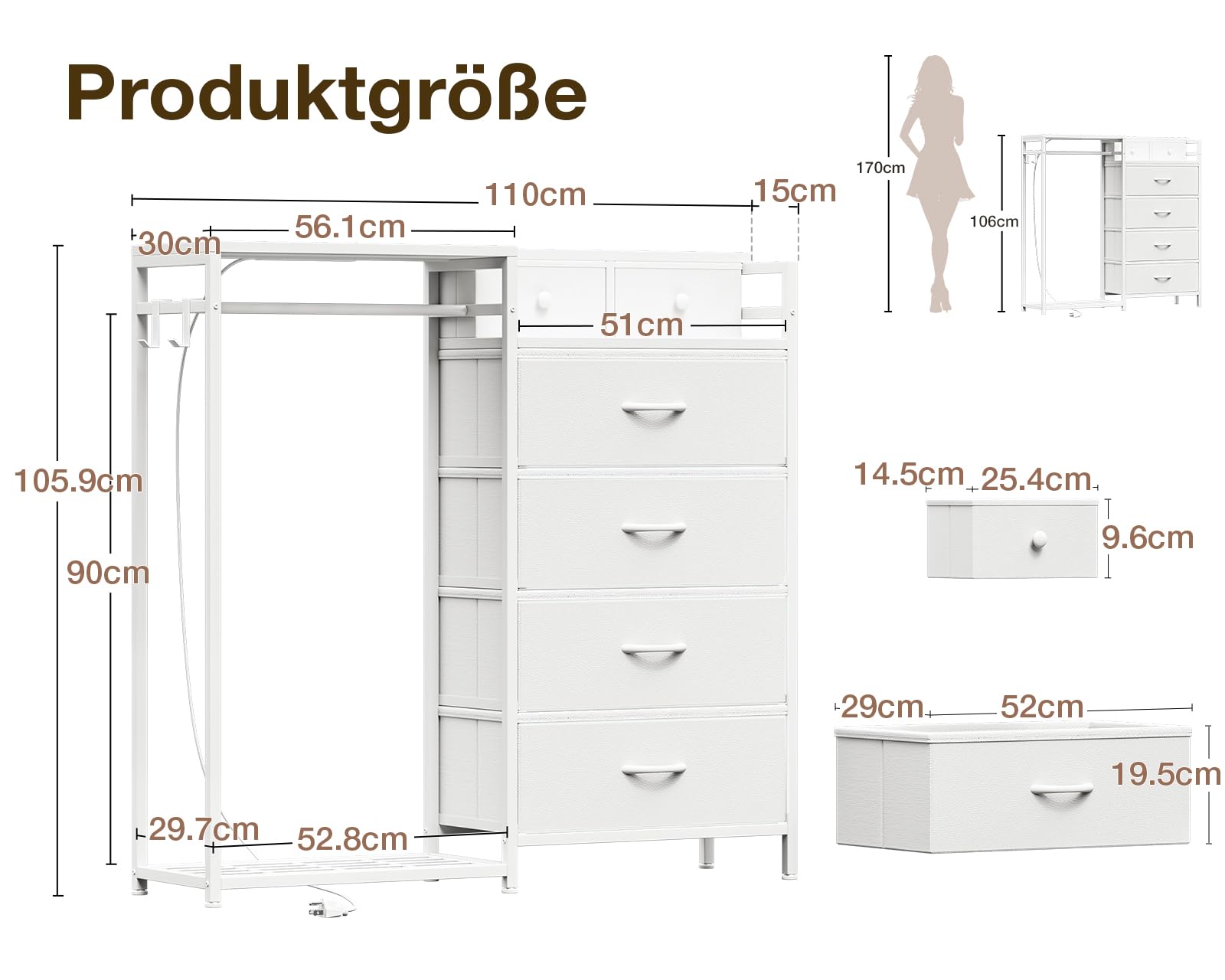 Coleshome Commode Chambre avec et Tringle à Vêtements, Eclairage LED et Prise Electrique, Design Réversible avec 6 Tiroirs, Commode en Tissu pour Chambre à Coucher et Salon, Blanc
