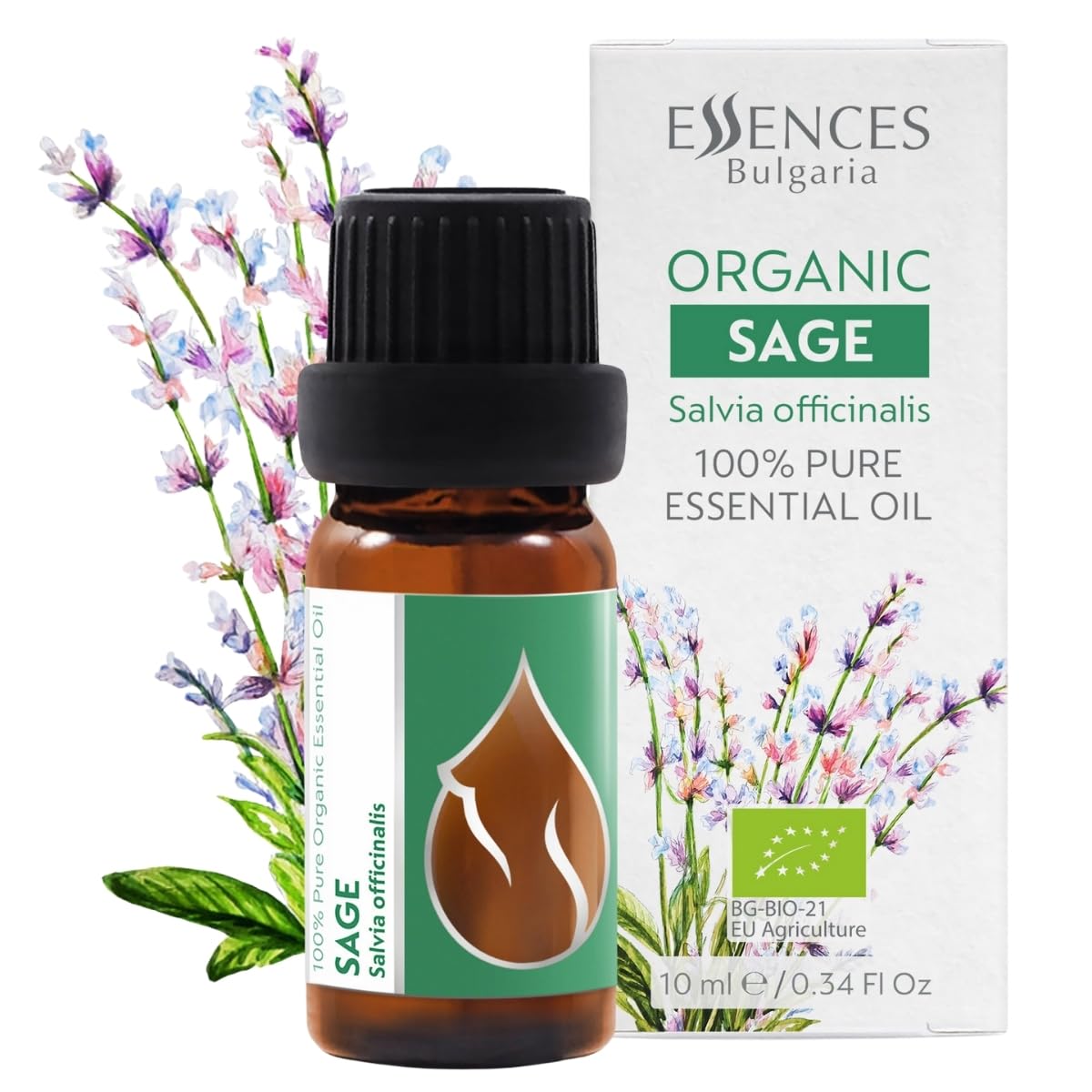 Essences Bulgaria Olio Essenziale Di Salvia Biologico 10Ml Salvia Officinalis | 100% Puro E Naturale | Non Diluito | Grado Terapeutico | Fattoria A Conduzione Familiare | Distillato A Vapore | Vegano-image