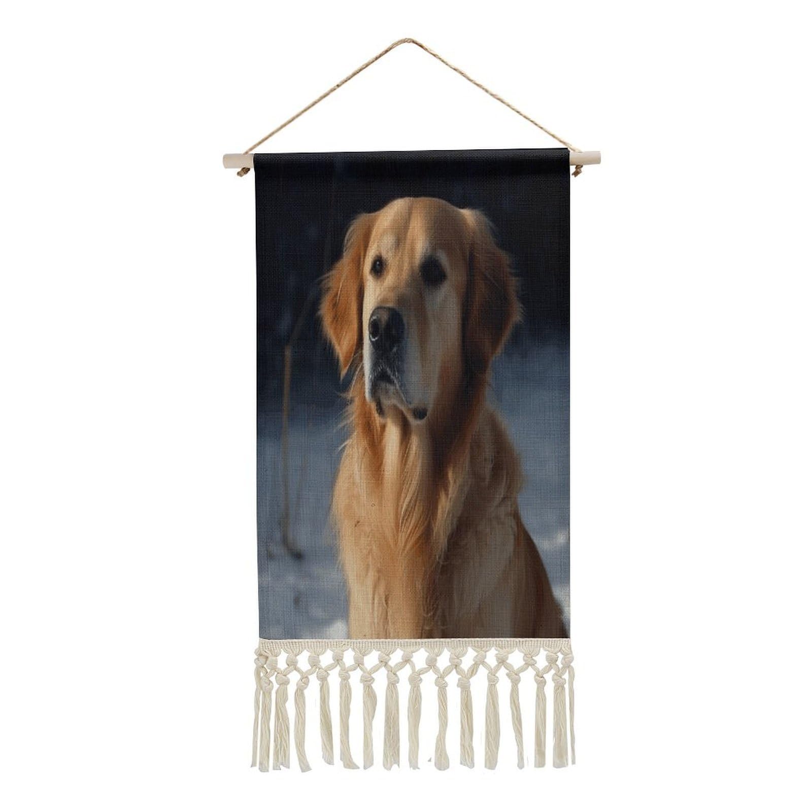 VstaDank Golden Retriever Wall Art Decor with Tassels 20"x10" Cotton Linen Hanging Tapestry Decor Wall Art Prints Wood Frame Boho Wall Art Poster for Bedroom Living Room Office