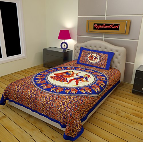 Image of RajasthaniKart Comfort Rajasthani Jaipuri Traditional Sanganeri Print 144 TC Cotton Single Bedsheet with 1 Pillow Cover - King, Round Dandiya (Blue, Single)