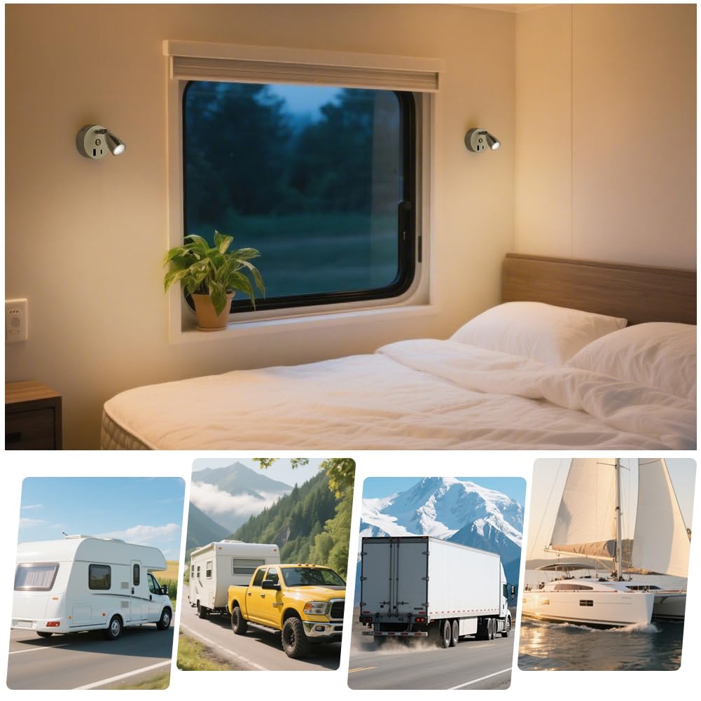 LED Lampes Camping-Car,2PCS Lampe 12V LED Caravane avec 3 Températures de Couleur,12V Lampe de Lecture Lit, Variateur Tactile, Lampes Camping-Car avec Chargeur USB et Type-C(Argent)