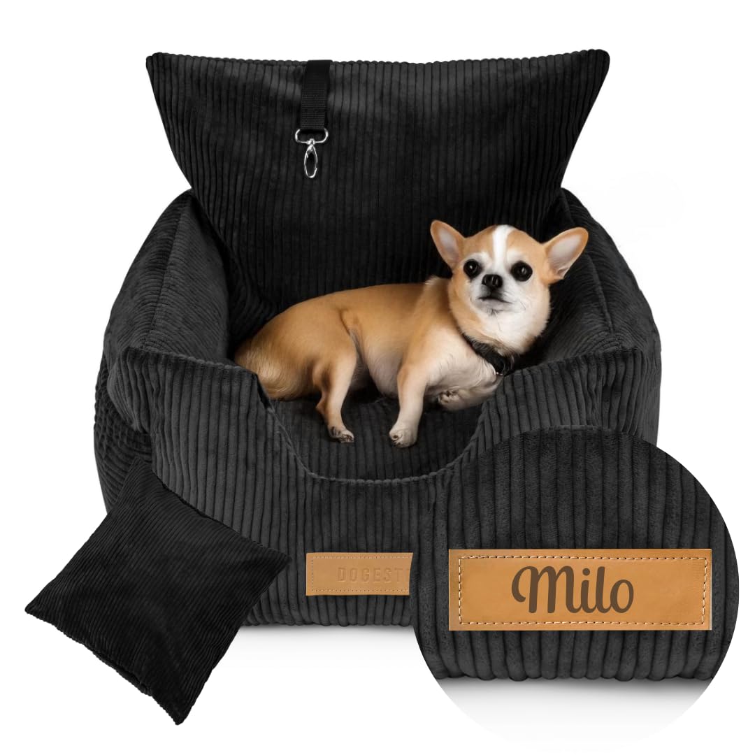 Petsen Hundeautositz  personalisierbares Hundebett frs Auto mit  Sicherheitsleine, abnehmbarem, waschbarem Bezug aus Cordstoff (Oeko-TEX),  EU-handgefertigt  fr kleine Hunde und Welpen (schwarz) : Amazon.de:  Haustier