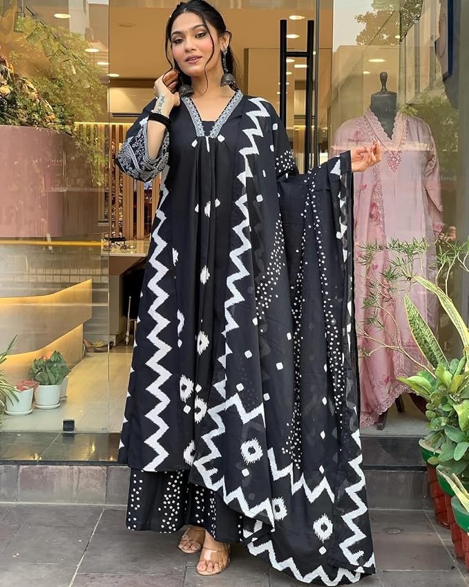 Image of Rangnavi Women's Cotton Anarkali Printed V-Neck Kurta with Palazzo & Dupatta | Ethnic Set | Dupatta Set | Suit Set |Kurta Set |