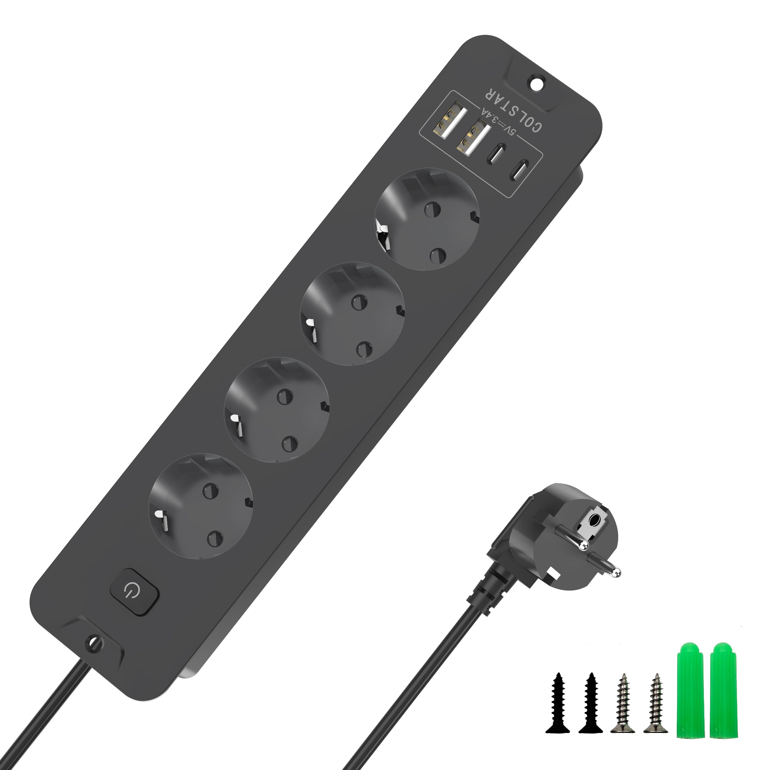 Versenkbare Steckdosenleiste 4-Fach mit 4 USB (2 USB-C, 2 USB-A), 16A, 2 m Kabel, Energiesparschalter – Unsichtbare Einbausteckdose für sauberen Schreibtisch (Schwarz)