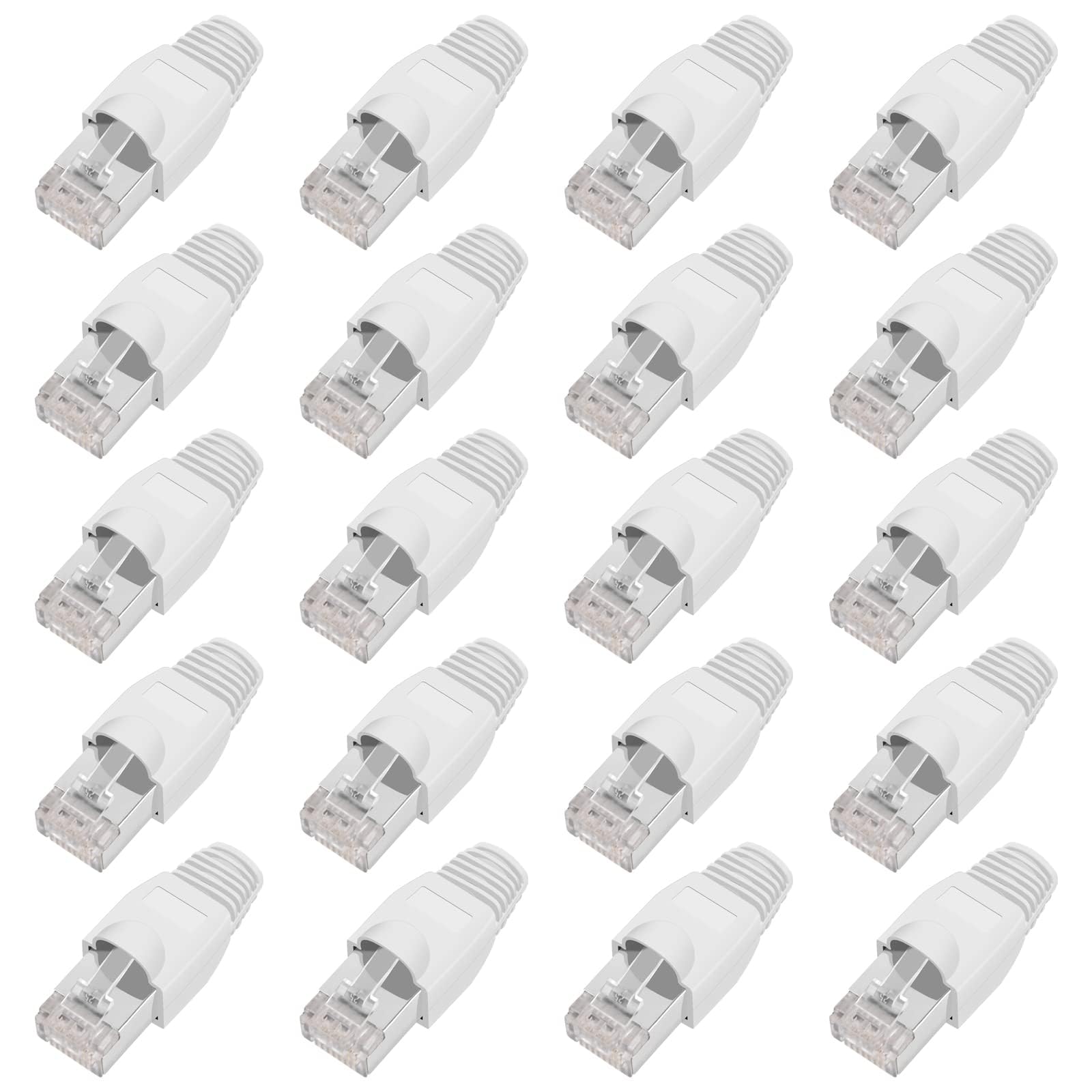 20 ekranowanych złączy RJ45, złącza zaciskane CAT5e CAT5 CAT6 CAT6e, złącza kablowe LAN UTP STP 50U ze złoconymi osłonami silikonowymi (biały)