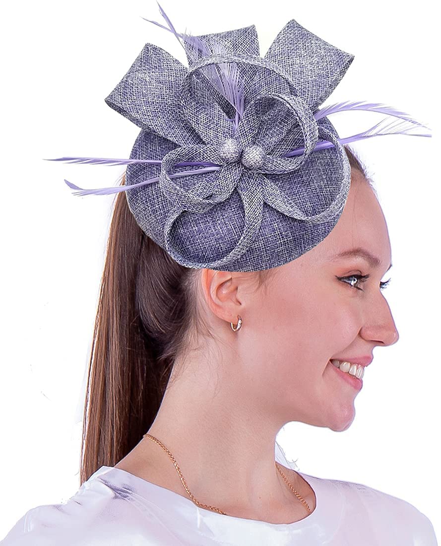 Coolwife Women's A Purple Fascinators Beaded Fake Sinamay Hat Feather Pillbox Derby Tea Party Church Hat (A Purple)