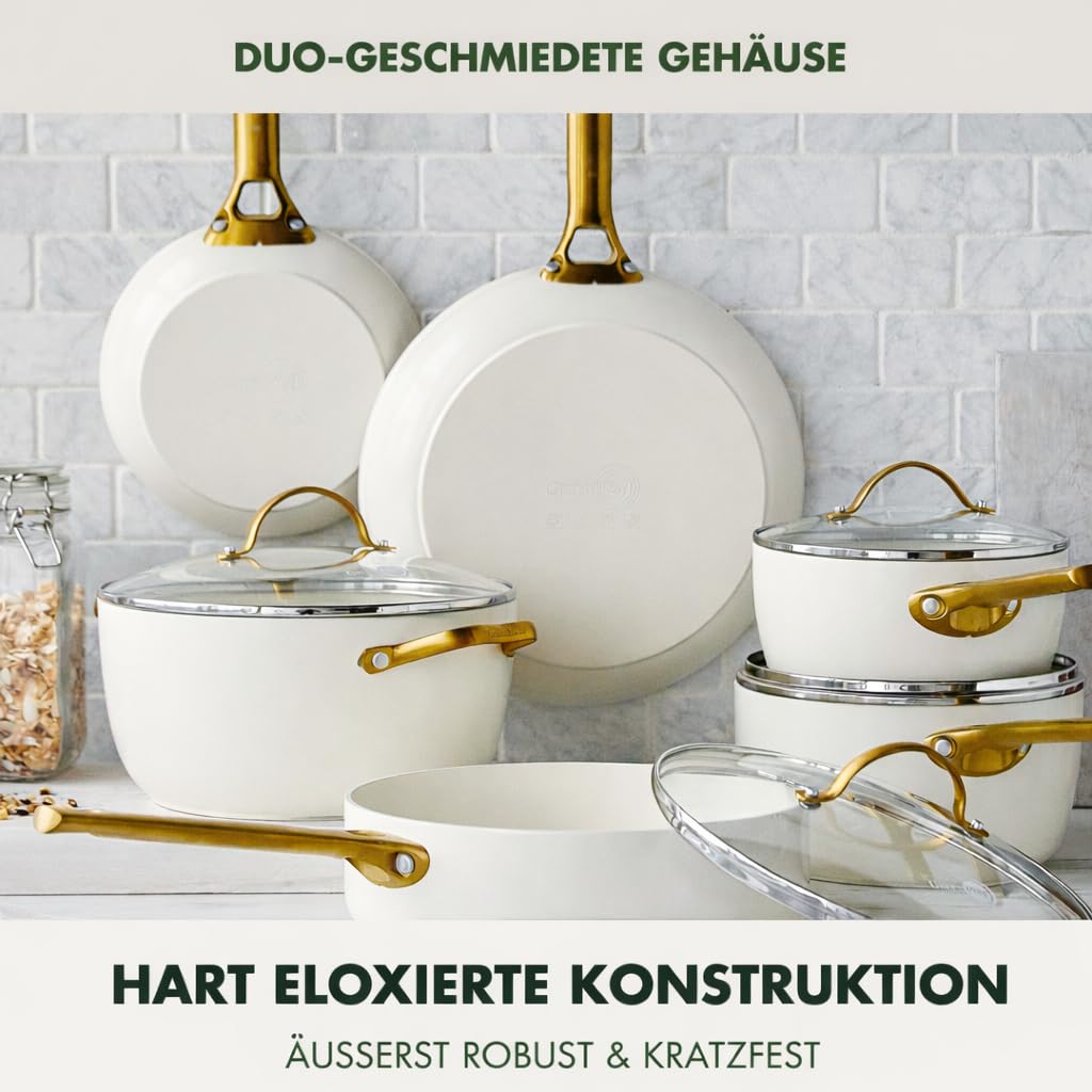 GreenPan Reserve Harteloxierte Gesunde Keramische Antihaft-Kochgeschirre,10-teilig,Mit Bratpfannen,Sautierpfanne und Bratentopf,Goldgriff,PFAS-frei,Induktion,Backofenfest,Spülmaschinenfest,Cremeweiß