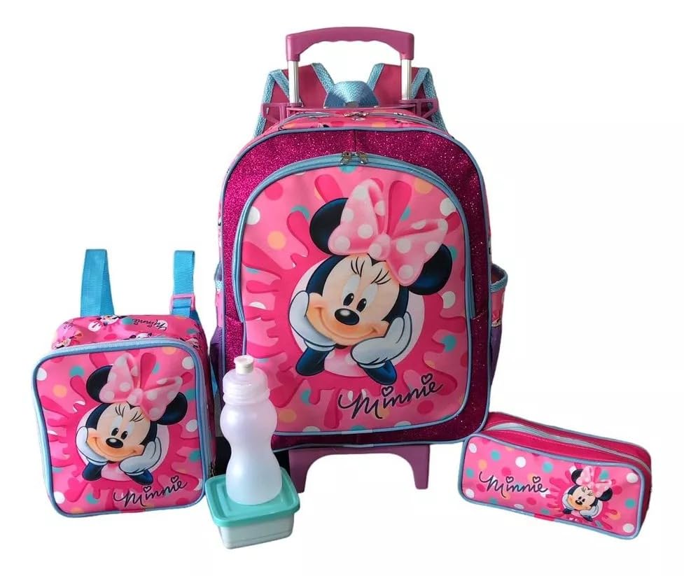 Kit Mochila Escolar Minnie Chiclete Rodinhas G Menina Infantil