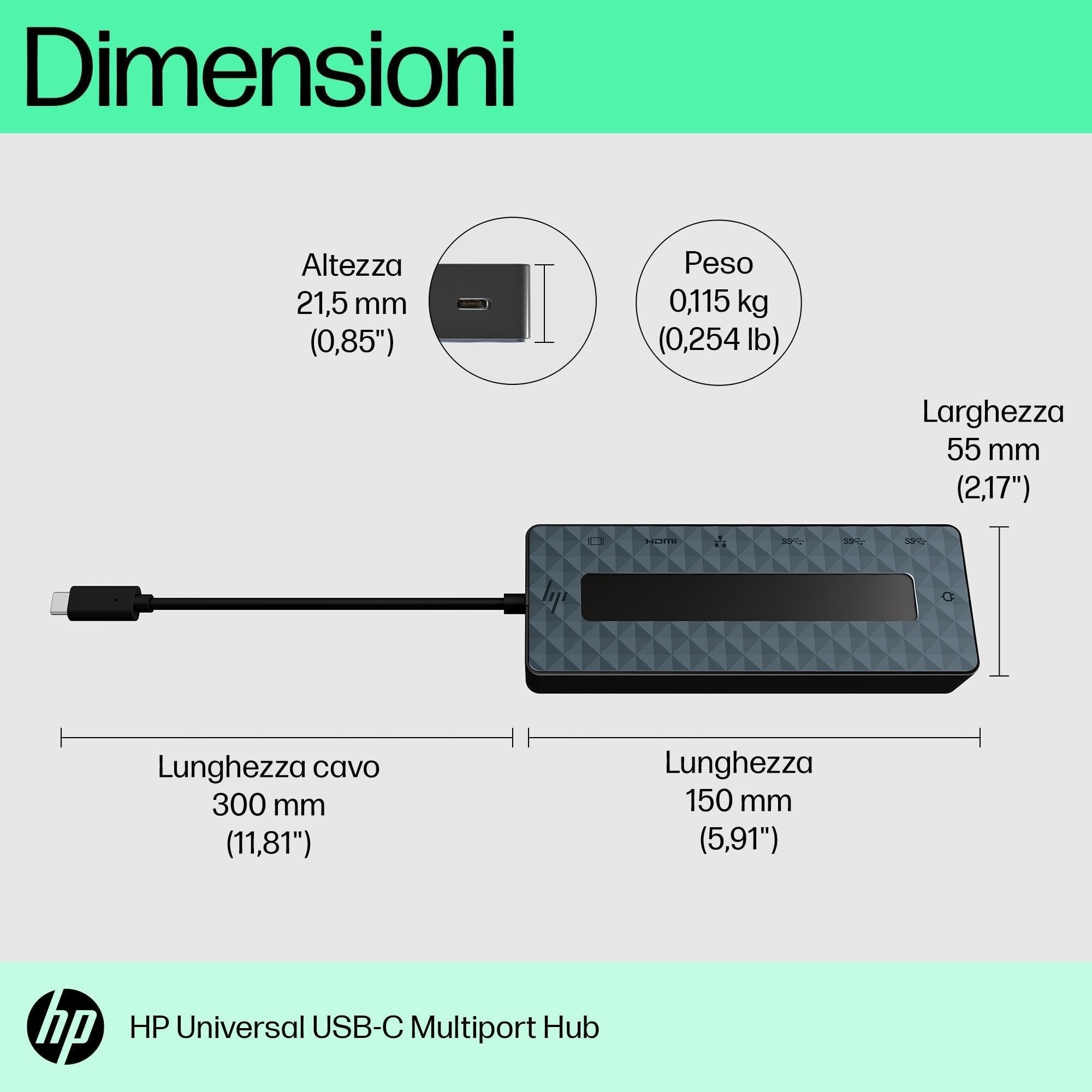 HP Hub Multi porta USB-C Universale, Compatibile con PC dotati di Porta USB-C, Power Delivery e DisplayPort, Nero