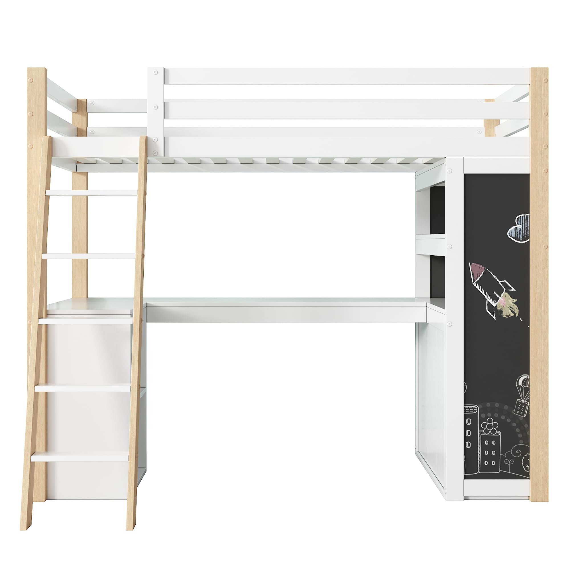 Sapgaks Lit superposé Enfants 90x200 avec Bureau,lit Mezzanine 1 Places 90x200 avec Compartiment de Rangement,avec échelle,Grand tiroir, Tableau Noir,étagère,Blanc + Naturel