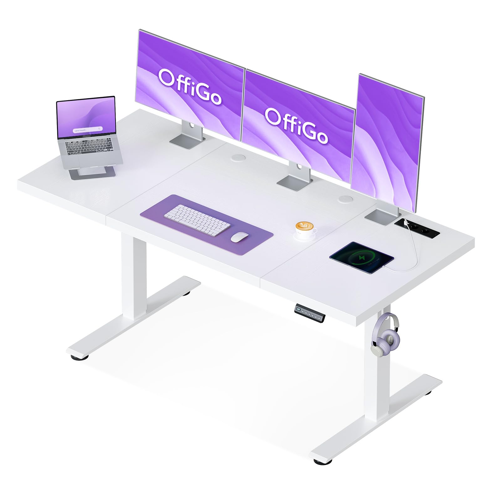 OffiGo Escritorio Regulable en Altura 180 x 70 cm, Tablero de 35 mm, Escritorio Eléctrico con Toma de Corriente, Standing Desk con Patas en T Estables, Ergonomía Oficina, Gaming, Blanco