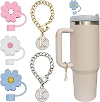 Vista 19 de Stanley Cup 3 piezas de 30 y 40 onzas, 0.394 in de silicona con diseño de flores, tapa protectora con 2 piezas de dije de letra inicial