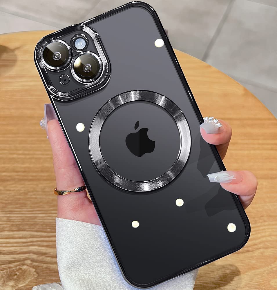 JUESHITUO Magnetic Metallic Glossy Clear for iPhone 14 Case with Full Camera Cover Protection [No.1 Strong N52 Magnets] [Military Grade Drop Protection] for Women Girls Phone Case (6.1")-Space Black