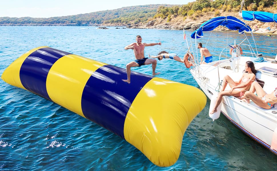 Inflatable Water Catapult Jump Blob Inflatable Water Drop Jumping Bag Jumping Pillow with Air Pump Suitable for Adults and Children (Yellow + Blue 16.5ft x 6.5ft)